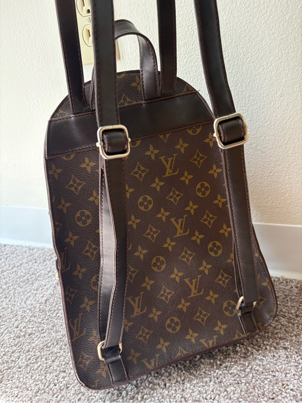 Monogram Pattern Brown Canvas Backpack with Matching Pouch - Picture 9 of 9